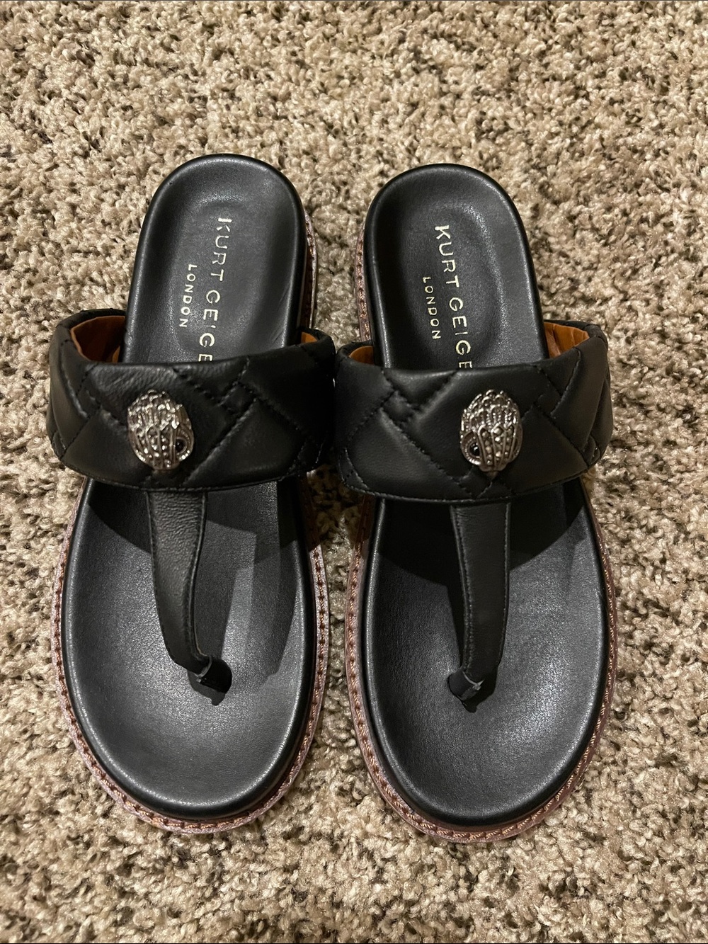 Kurt Geiger Black Quilted Thong Slide Sandals with Silver Emblem